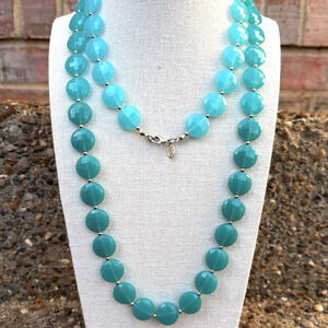 Vintage Joan Rivers Boho Acrylic Blue Tri‎ Color Faceted Flat Bead Necklace 40"